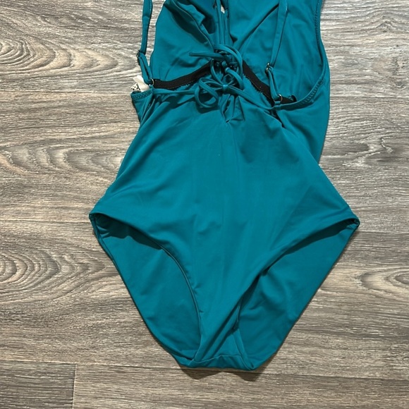 Becca Medium Green Socialite Ruffle One Piece Plunge Swimsuit Bathing Suit - Picture 11 of 11